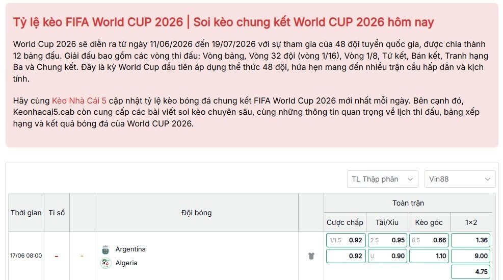 Tỷ lệ kèo World Cup 2026 trận Argentina vs Algeria bảng J